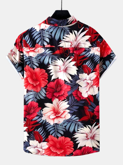 Tropical Floral Print Button-Up Shirt with Matching Swim Shorts