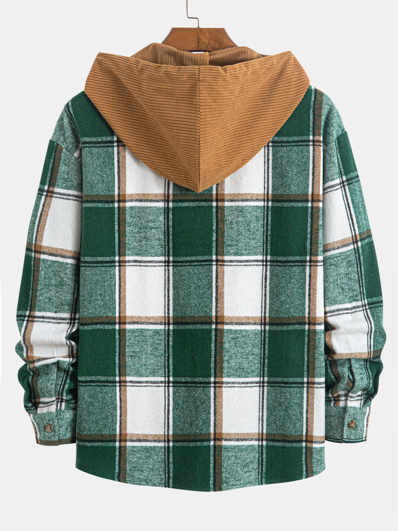 Comfortable Contrast Corduroy Plaid Hooded Shirt