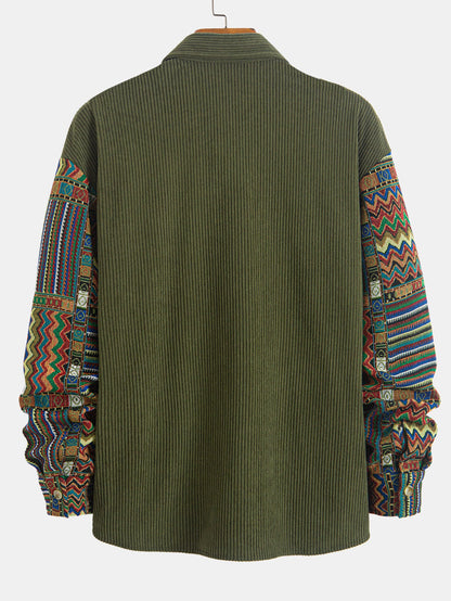 Relaxed Fit Ethnic Geometric Corduroy Patchwork Shirt - Unique Random Pattern Design