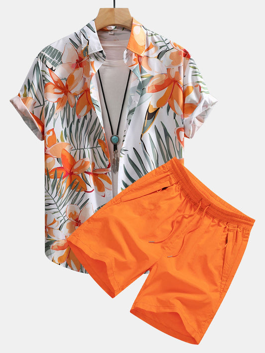 Floral Print Button-Up Shirt and Swim Shorts Set
