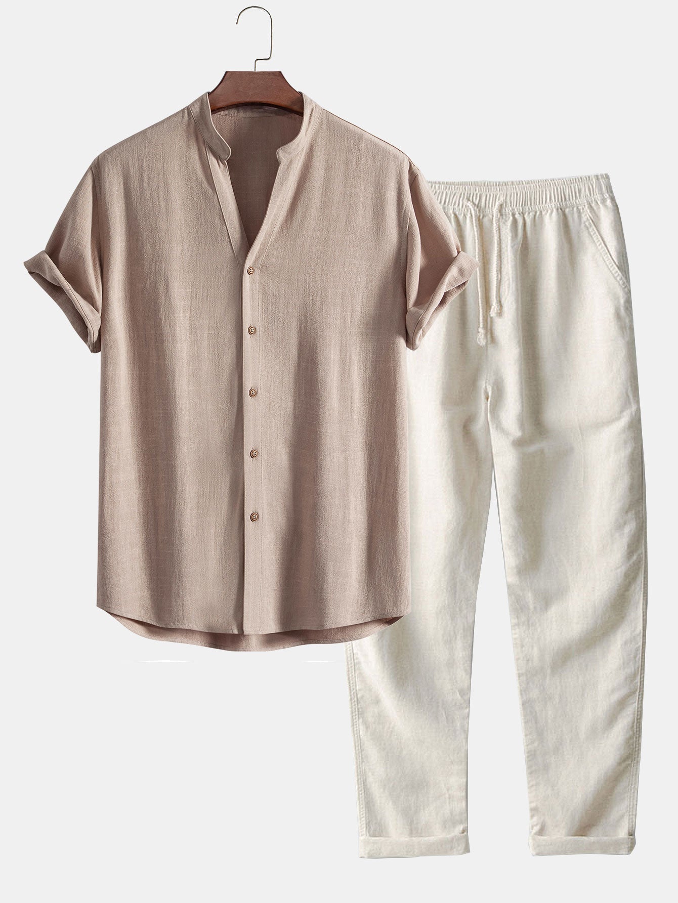 V-Neck Linen-Rayon Blend Top with Straight Leg Linen Trousers