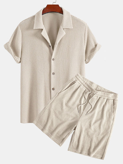 Waffle Texture Cuban Shirt and Shorts Set