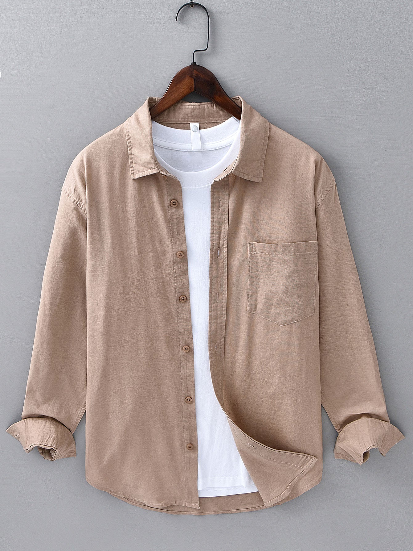 Pocketed Long Sleeve Linen-Cotton Blend Shirt