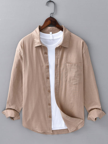 Pocketed Long Sleeve Linen-Cotton Blend Shirt