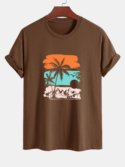 Classic Fit Cotton T-Shirt with Palm Tree Silhouette Design