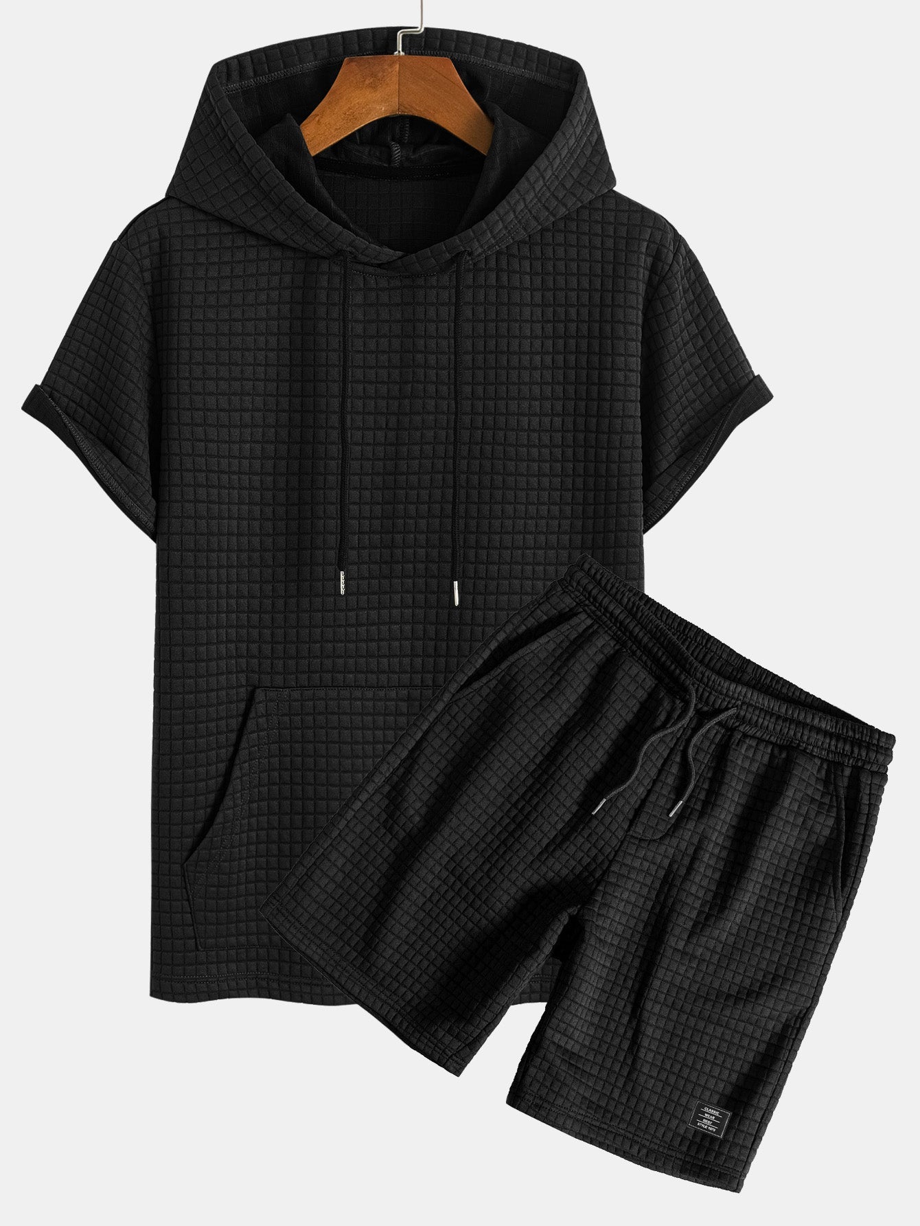 Waffle Knit Hooded T-Shirt with Kangaroo Pocket & Matching Shorts