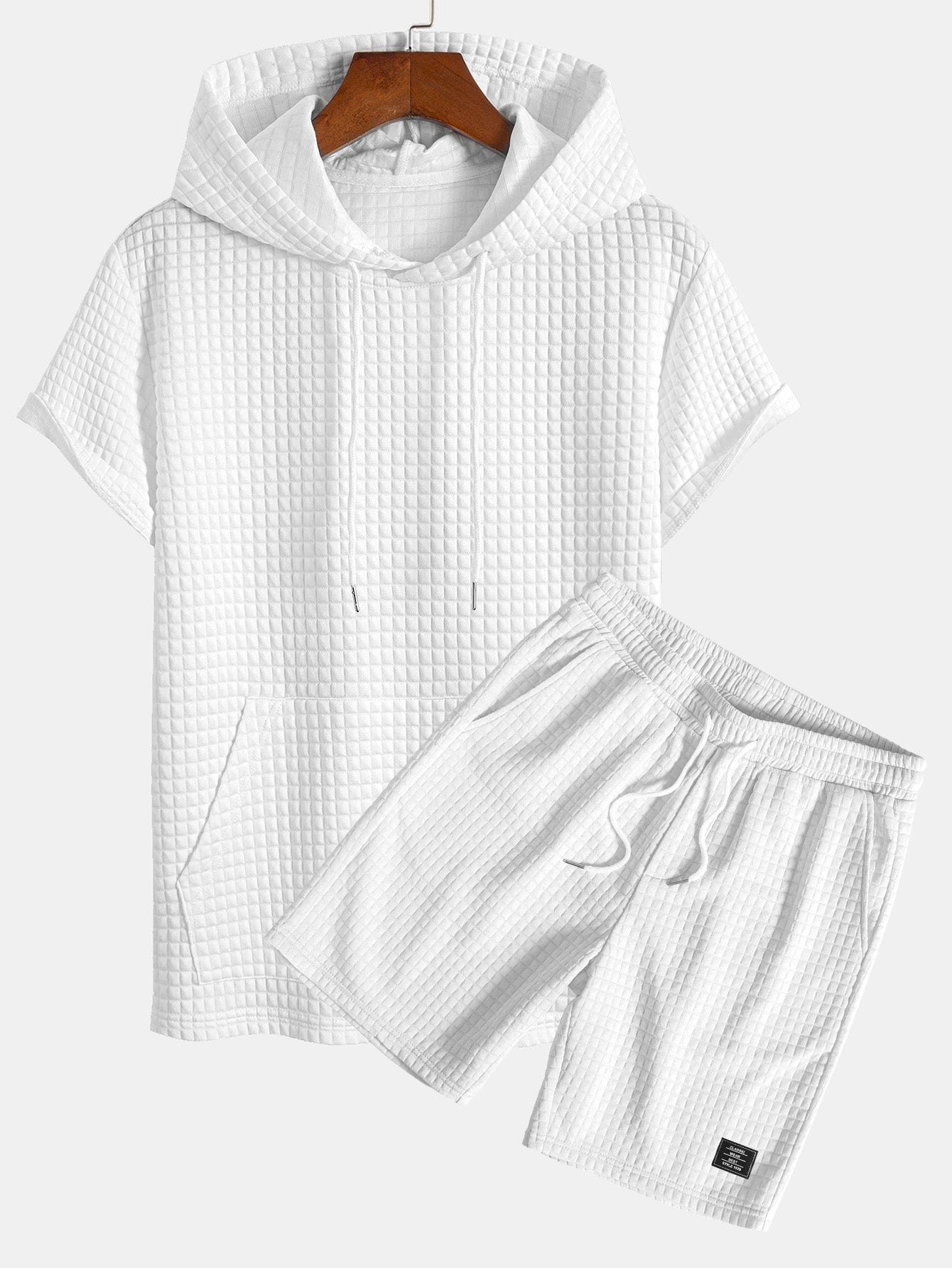 Waffle Knit Hooded T-Shirt with Kangaroo Pocket & Matching Shorts