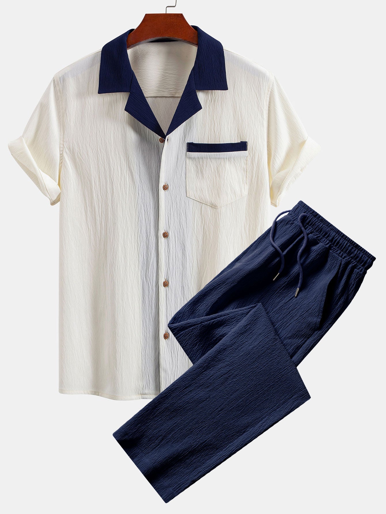 Textured Cuban Shirt with Contrasting Details & Straight Leg Trousers