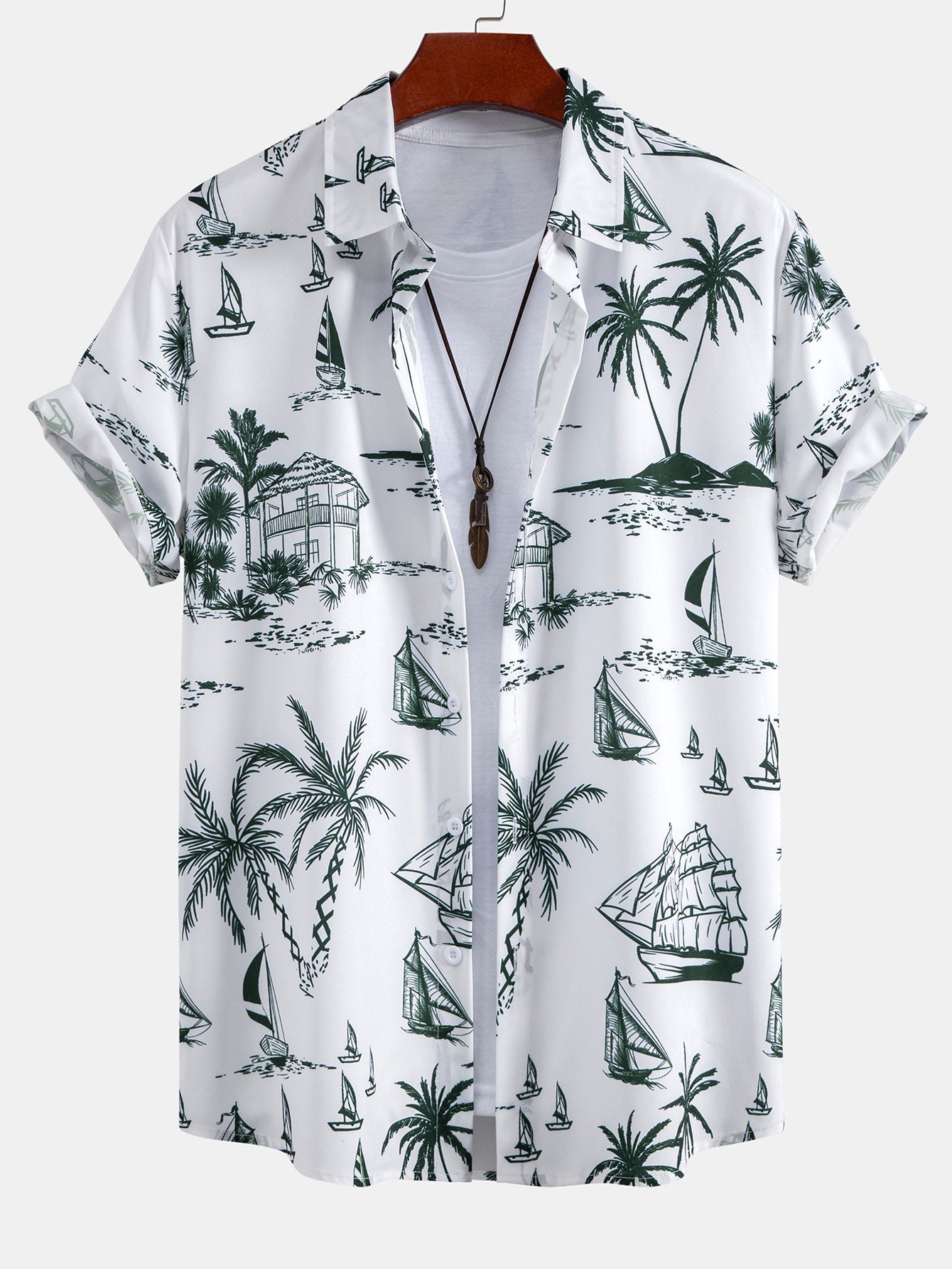 Island-Inspired Sailing Print Button-Up Shirt with Solid Drawstring Swim Shorts