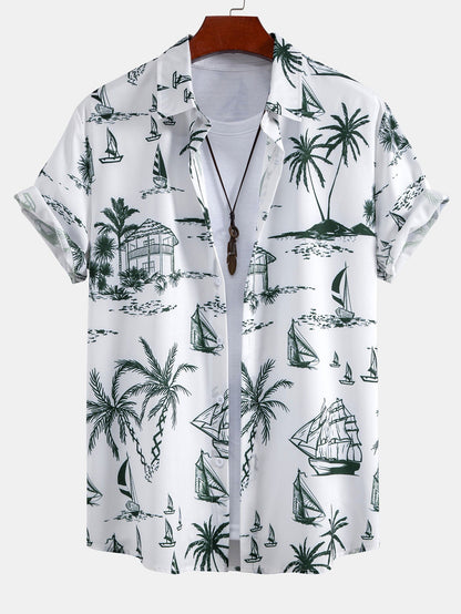 Island-Inspired Sailing Print Button-Up Shirt with Solid Drawstring Swim Shorts