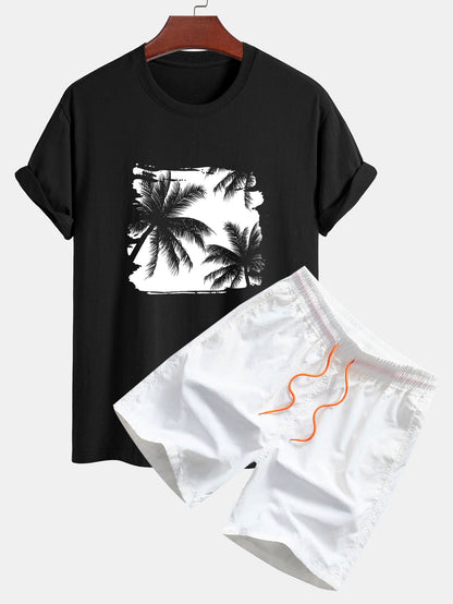 Classic Fit Cotton T-Shirt & Swim Shorts with Palm Tree Silhouette Print