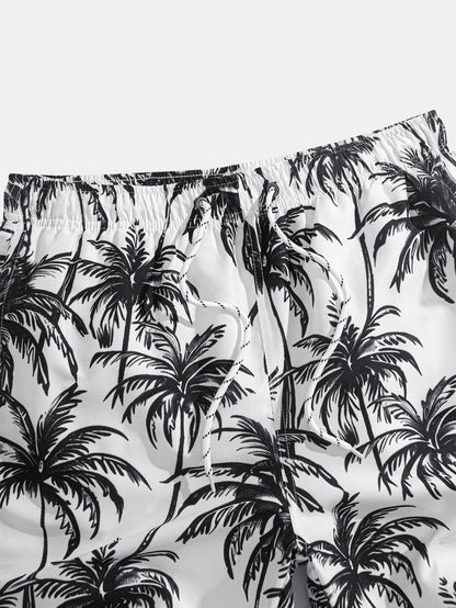 Relaxed Fit Palm Tree Print Button-Up Shirt & Matching Swim Shorts