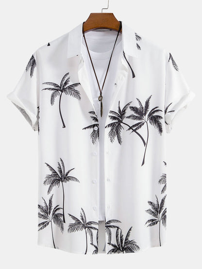 Palm Tree Print Button-Up Shirt with Striped Swim Shorts