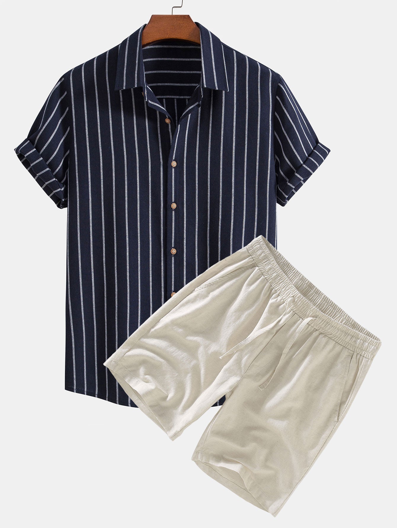 Striped Button-Up Shirt in Cotton Blend with Linen Drawstring Shorts