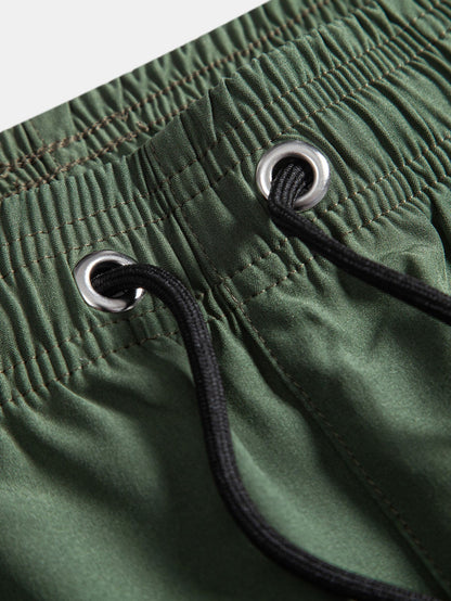 Island-Inspired Sailing Print Button-Up Shirt with Solid Drawstring Swim Shorts