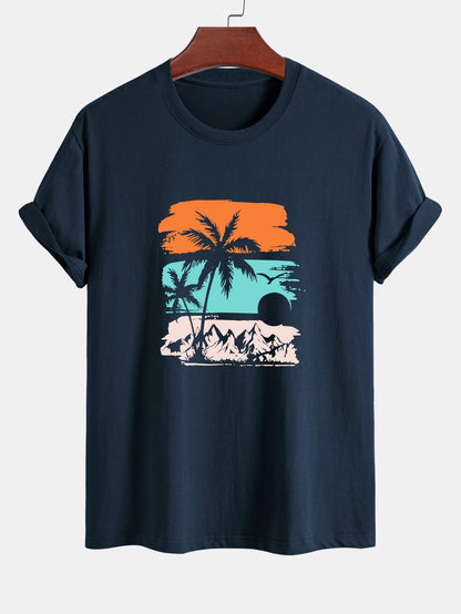 Classic Fit Cotton T-Shirt with Palm Tree Silhouette Design
