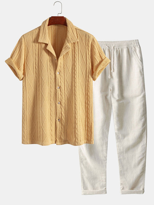 Geometric Knit Cuban Shirt with Straight-Leg Linen Trousers