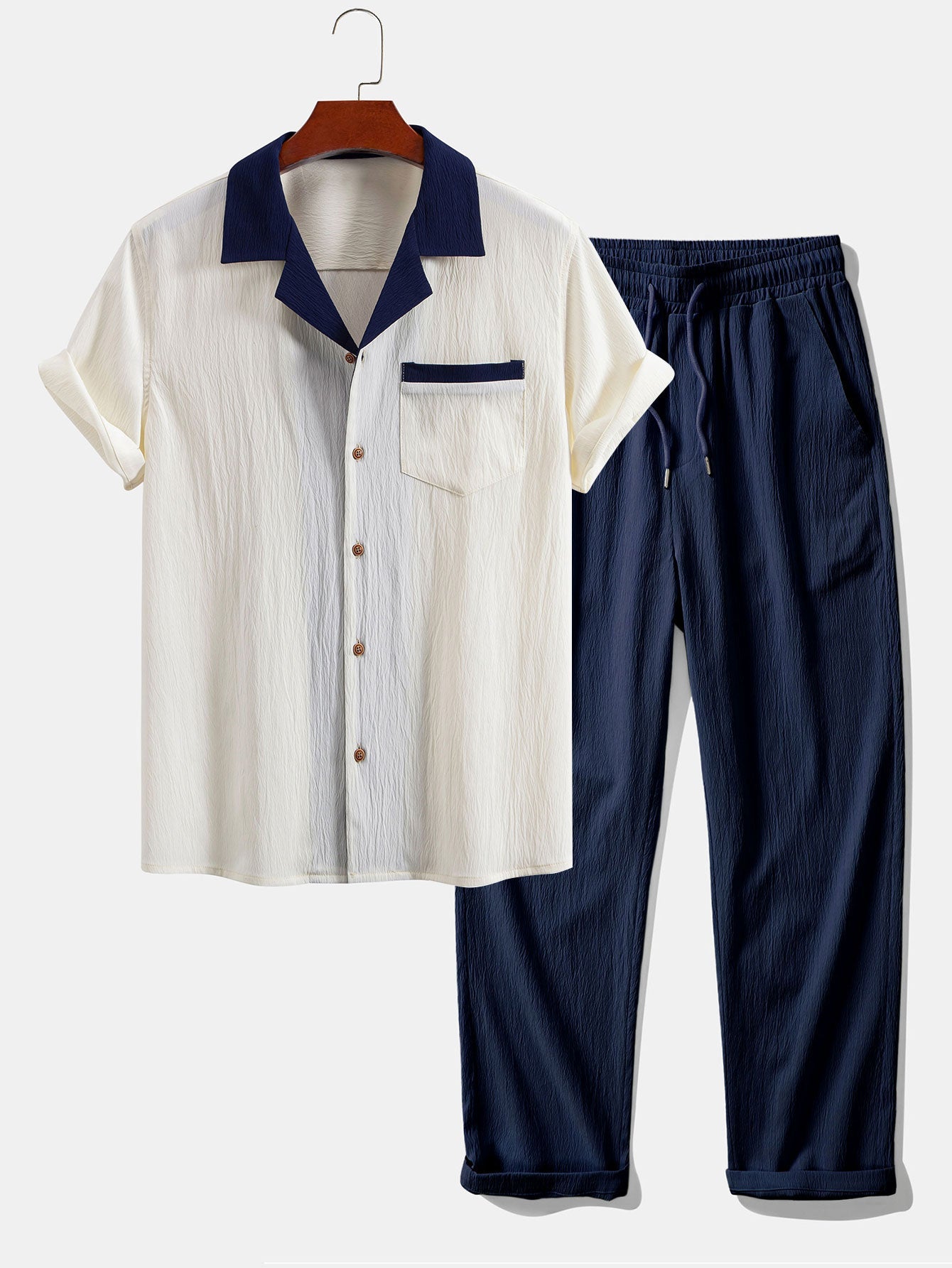 Textured Cuban Shirt with Contrasting Details & Straight Leg Trousers