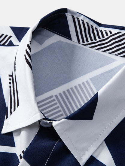 Color Block Geometric Print Button-Up Shirt with Matching Swim Shorts