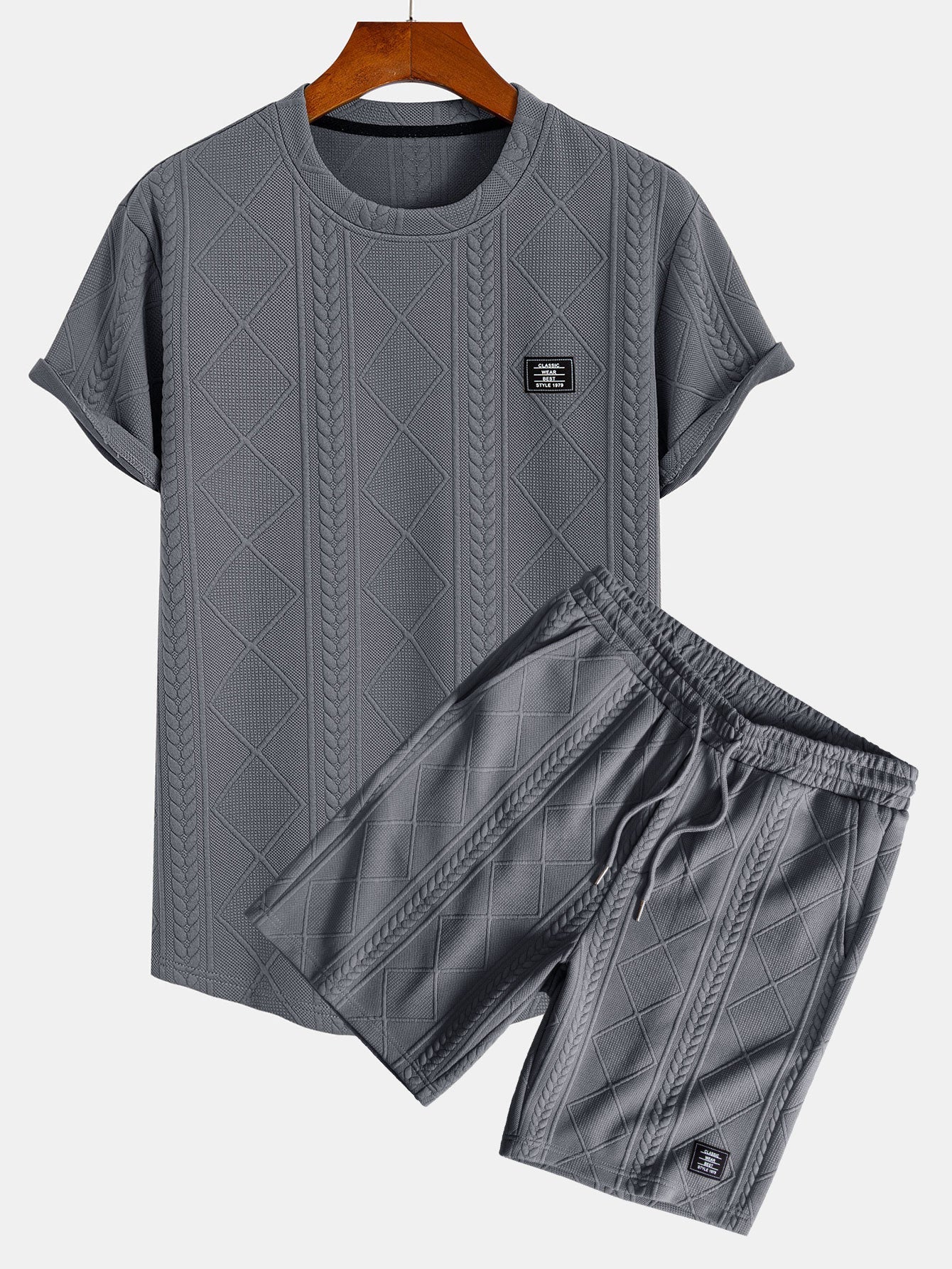 Geometric Jacquard Arc Hem T-Shirt and Shorts Set with Short Sleeves