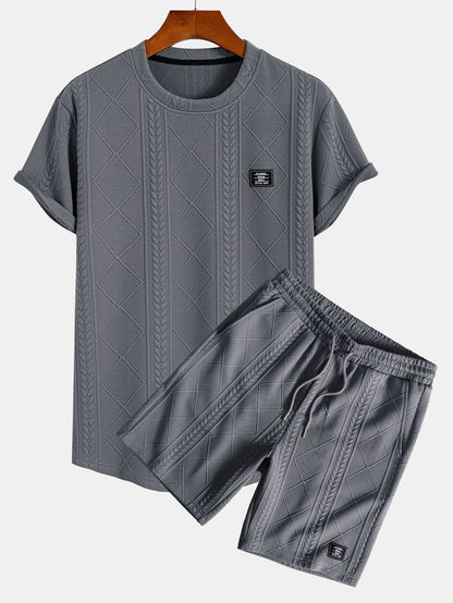 Geometric Jacquard Arc Hem T-Shirt and Shorts Set with Short Sleeves