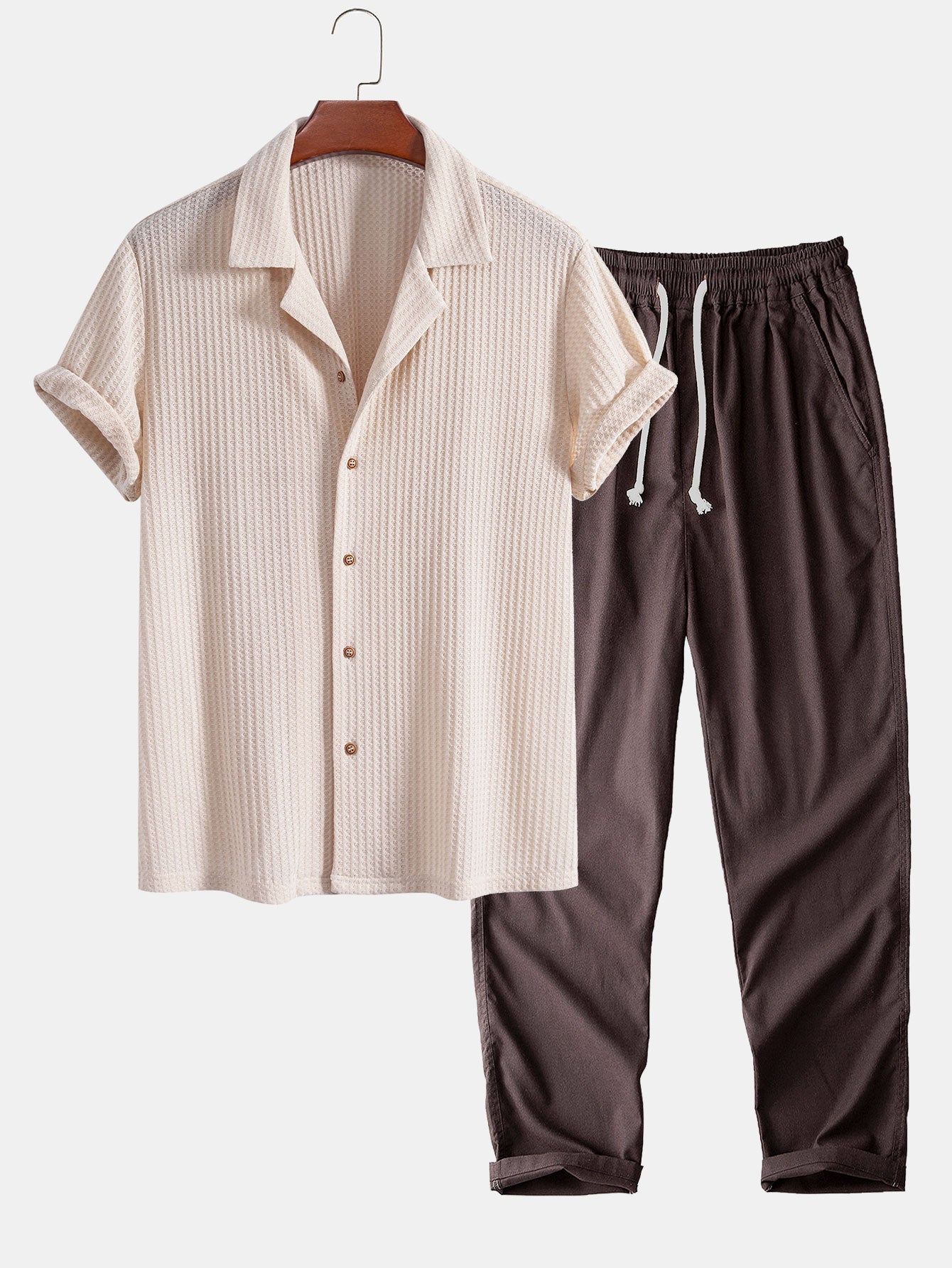 Short Sleeve Waffle Knit Cuban Shirt with Straight Leg Linen Trousers
