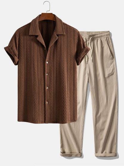 Textured Jacquard Cuban Shirt with Wrinkle-Resistant Straight Leg Pants