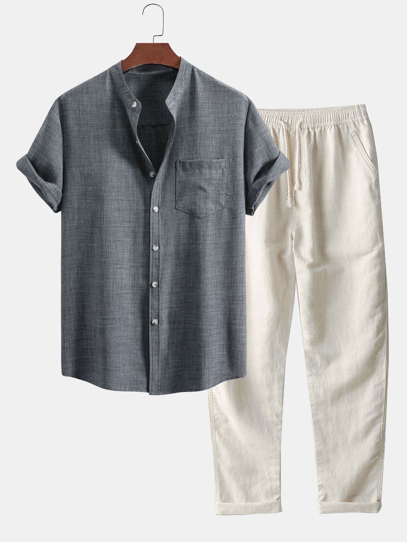 Short Sleeve Stand Collar Top with Straight-Leg Linen Trousers