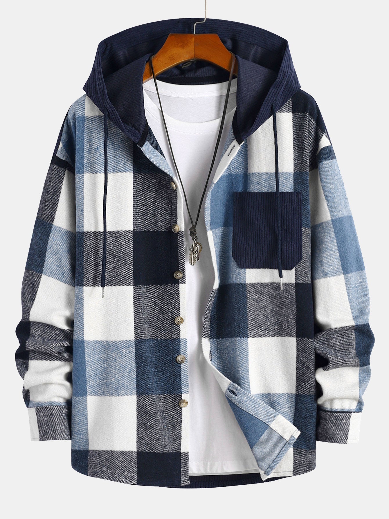 Cozy Plaid Corduroy Patchwork Hooded Shirt with Relaxed Fit