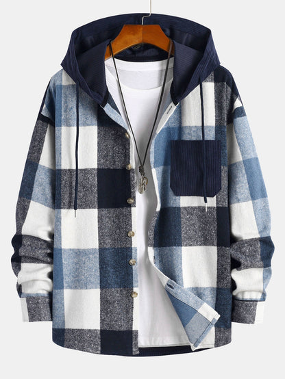 Cozy Plaid Corduroy Patchwork Hooded Shirt with Relaxed Fit
