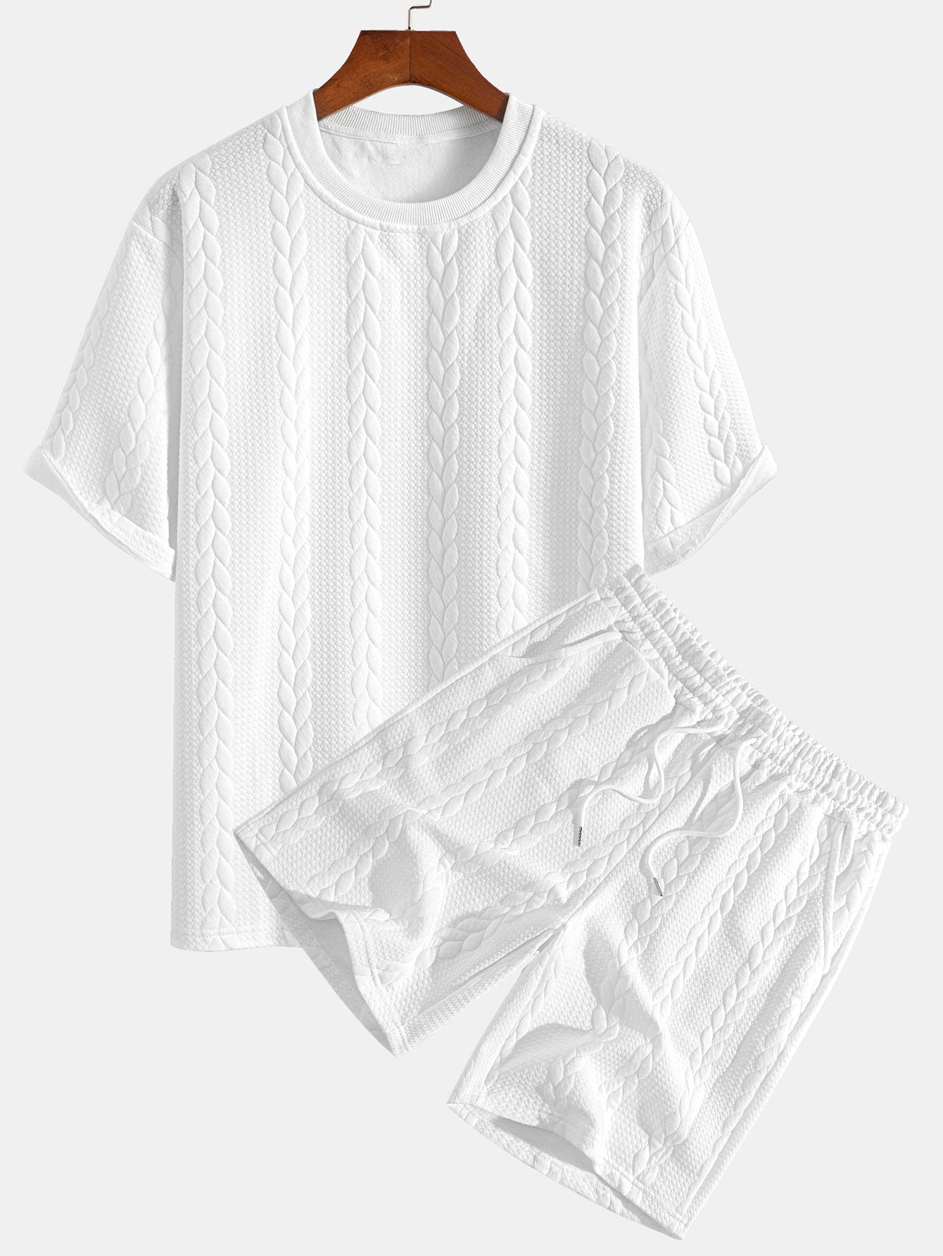 Relaxed Fit Mid-Length Sleeve Twisted Jacquard Tee & Shorts Set