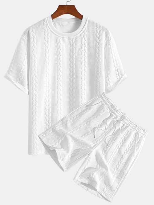 Relaxed Fit Mid-Length Sleeve Twisted Jacquard Tee & Shorts Set