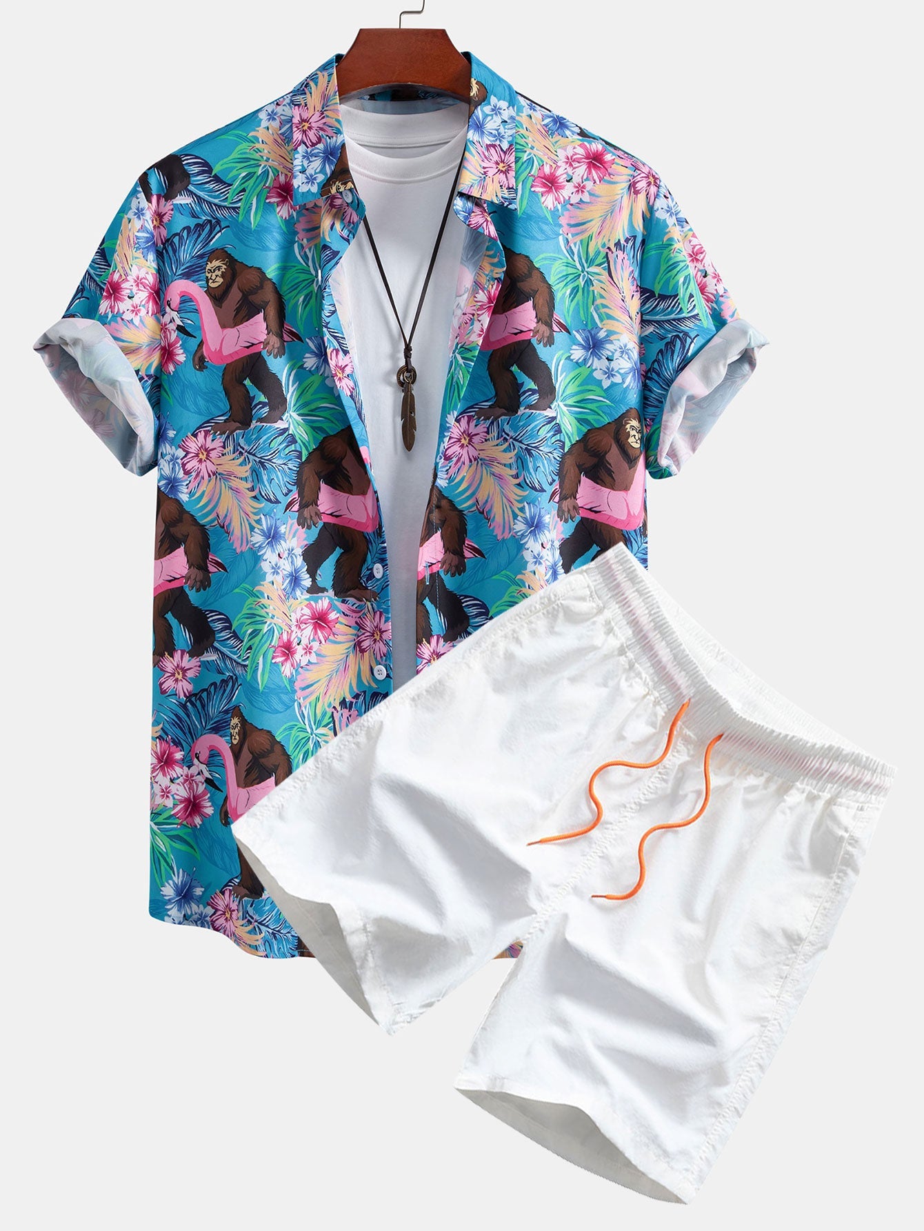 Tropical Print Button-Up Shirt & Swim Shorts Featuring Orangutans