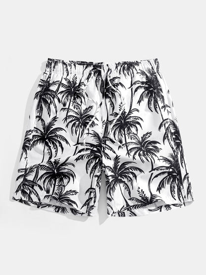 Relaxed Fit Palm Tree Print Button-Up Shirt & Matching Swim Shorts