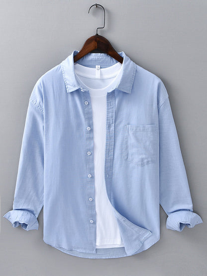 Pocketed Long Sleeve Linen-Cotton Blend Shirt