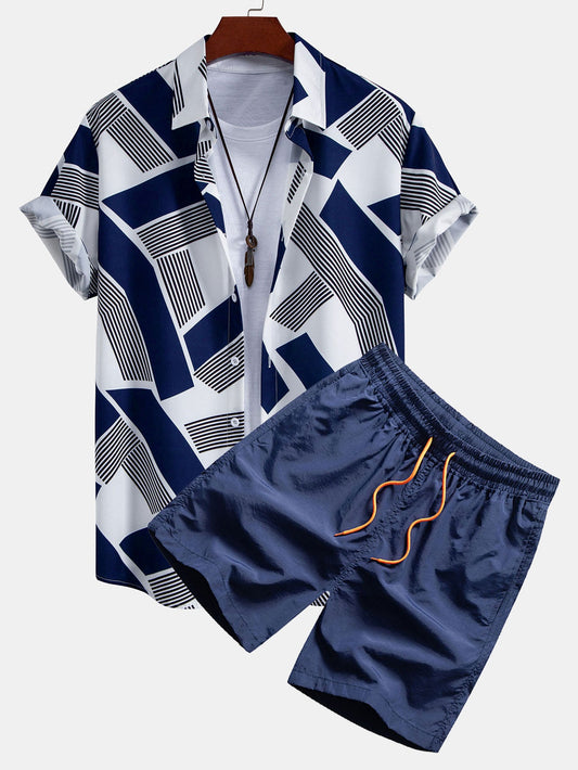 Geometric Color Block Button-Up Shirt with Matching Swim Shorts