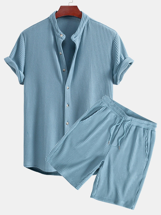 Waffle Textured Stand Collar Shirt & Drawstring Waffle Shorts Set