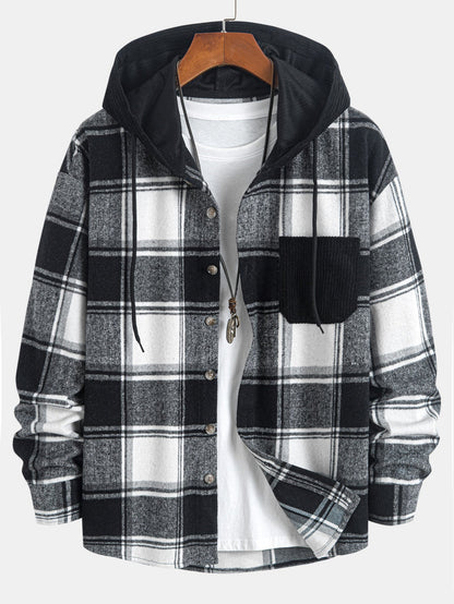 Comfortable Contrast Corduroy Plaid Hooded Shirt