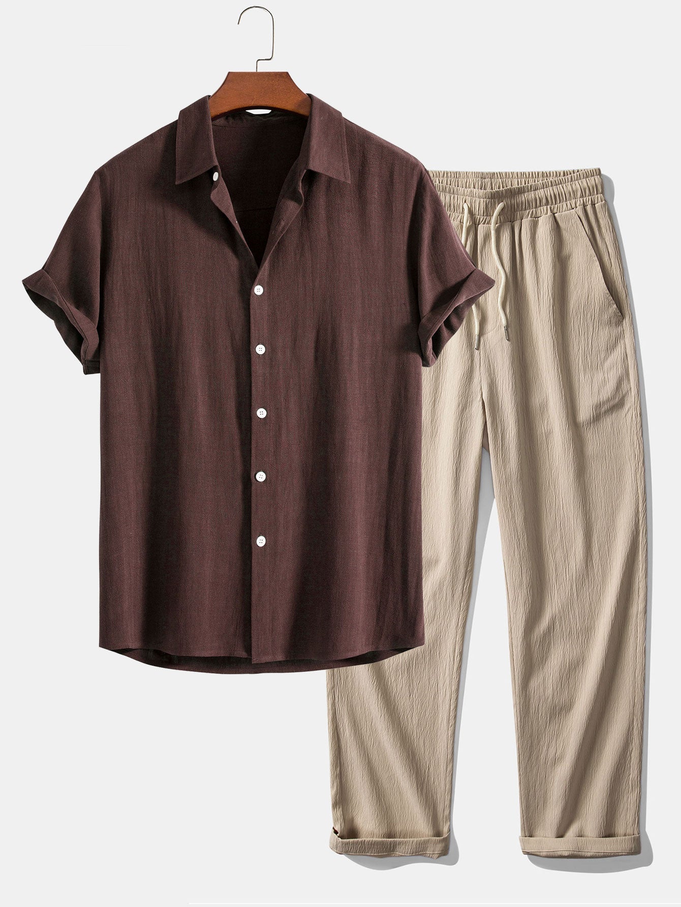 Linen-Rayon Blend Button-Up Shirt with Wrinkle-Textured Straight-Leg Pants