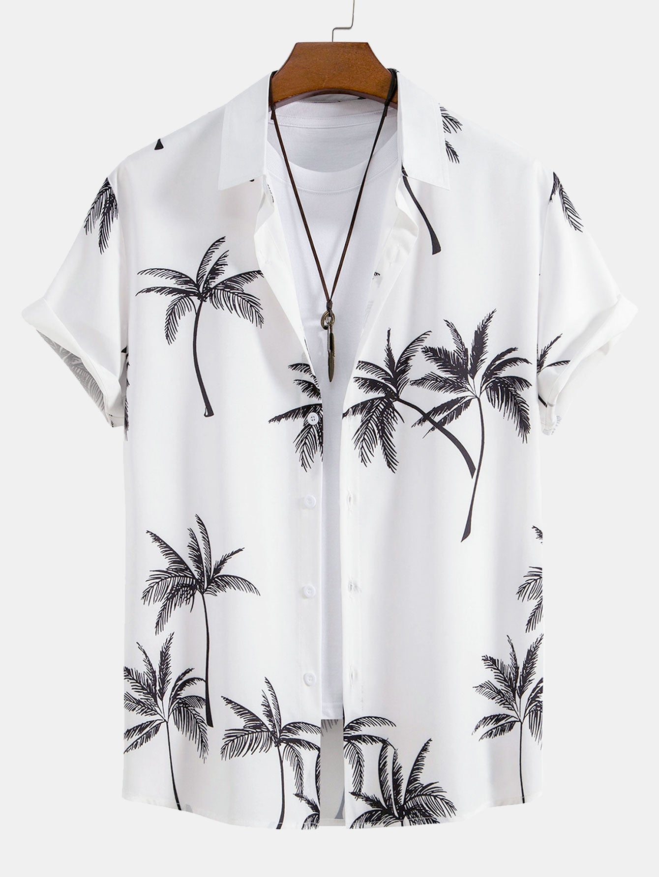 Palm Tree Pattern Button-Up Shirt with Striped Swim Shorts