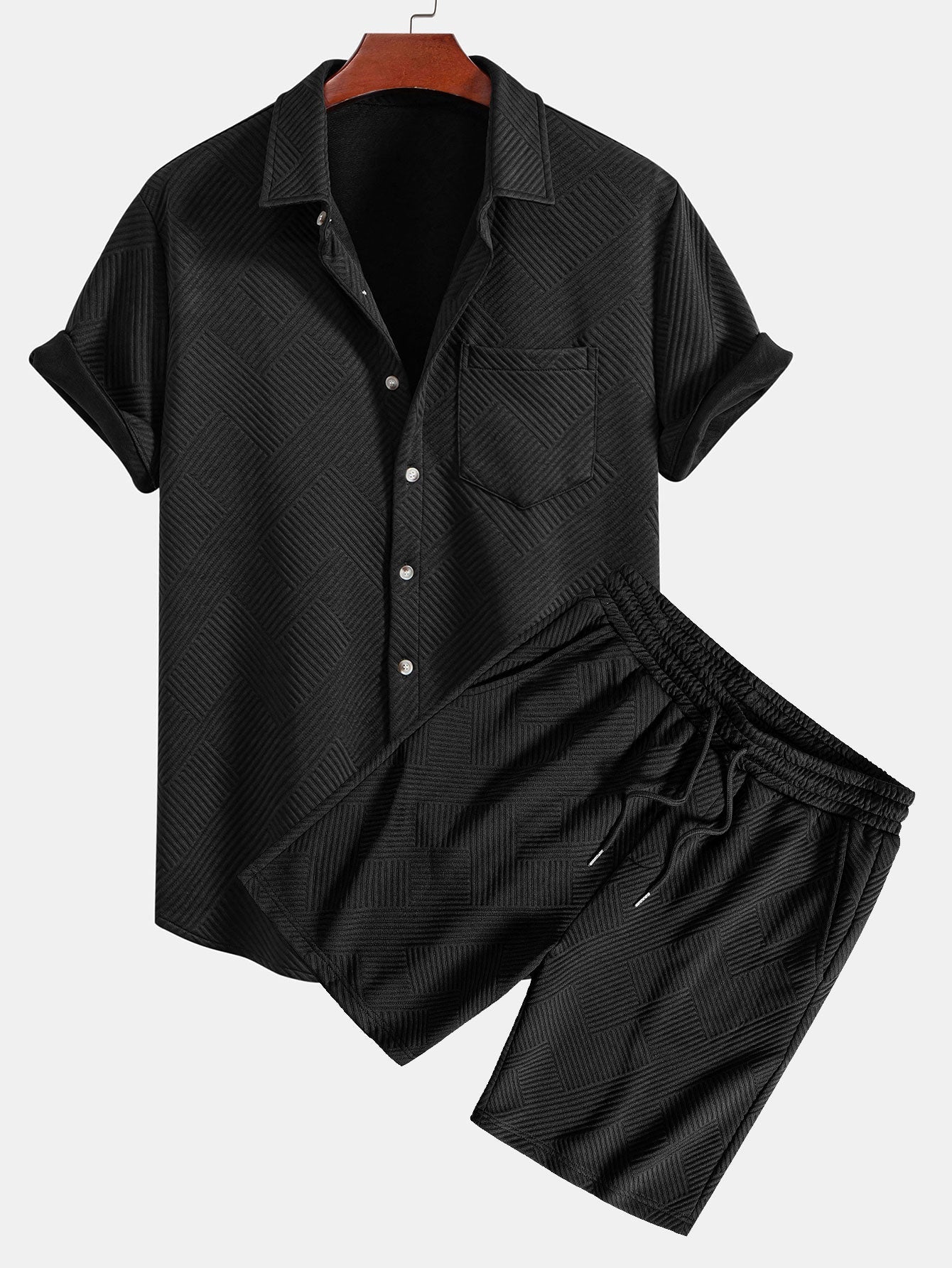 Striped Jacquard Button-Up Shirt and Shorts Set