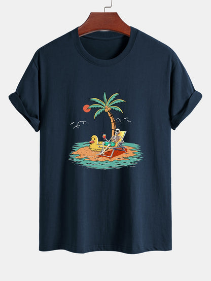Regular Fit Cotton T-Shirt with Skeleton Vacation Print
