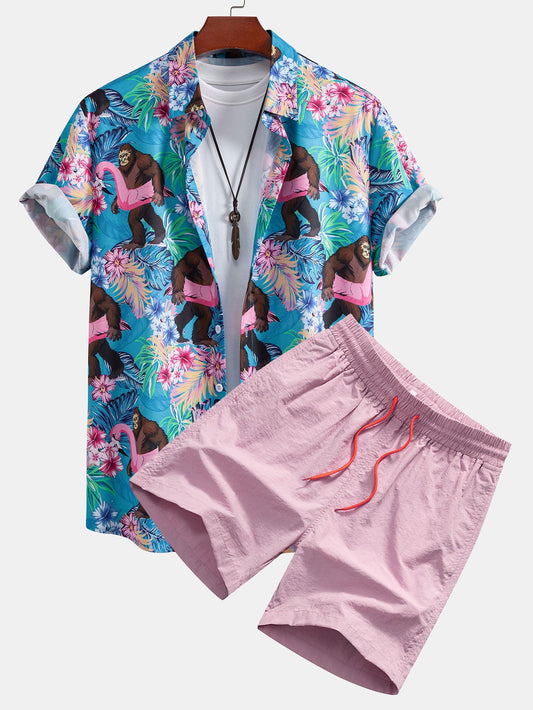 Tropical Print Button-Up Shirt & Swim Shorts Featuring Orangutans