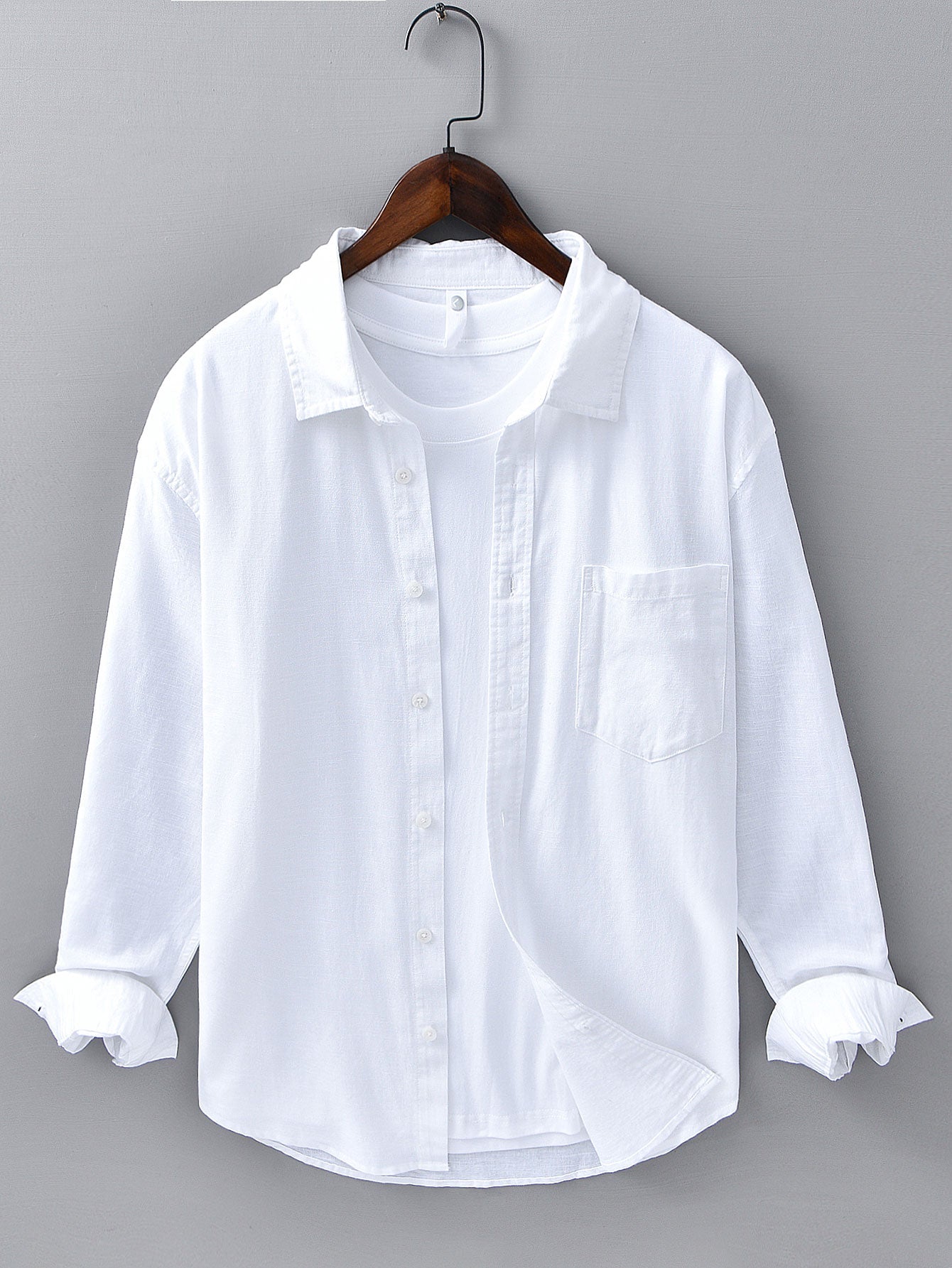 Pocketed Long Sleeve Linen-Cotton Blend Shirt