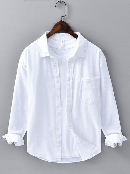 Pocketed Long Sleeve Linen-Cotton Blend Shirt