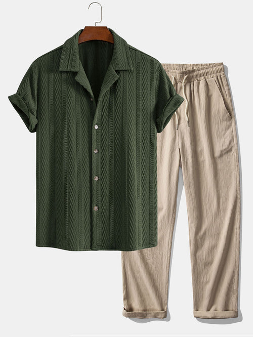 Textured Jacquard Cuban Shirt with Wrinkle-Resistant Straight Leg Pants