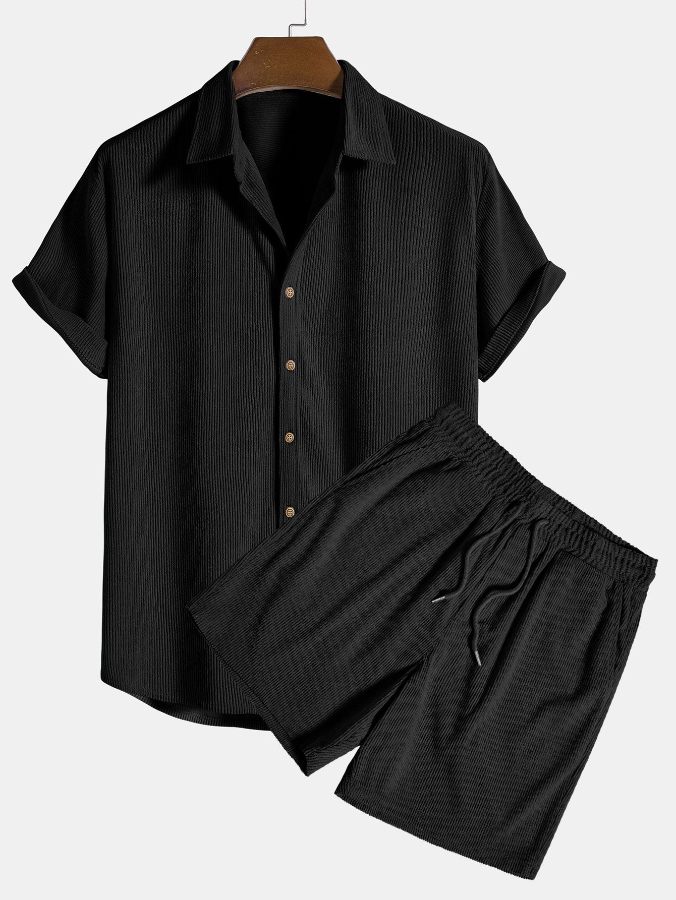 Short-Sleeve Corduroy Button-Up Shirt with Matching Shorts