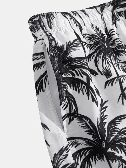Relaxed Fit Palm Tree Print Button-Up Shirt & Matching Swim Shorts