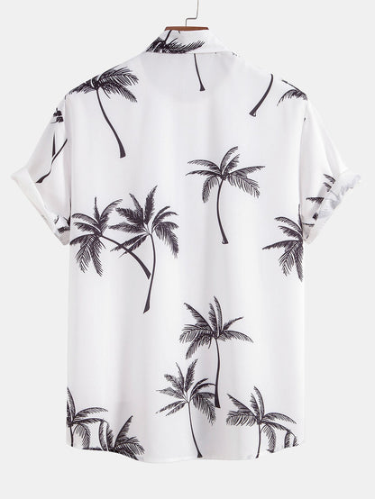 Palm Tree Pattern Button-Up Shirt with Striped Swim Shorts
