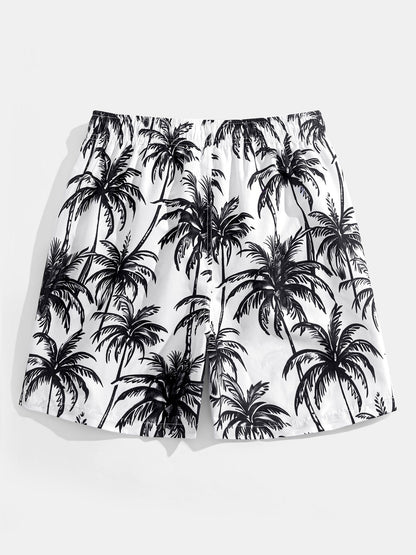 Relaxed Fit Palm Tree Print Button-Up Shirt & Matching Swim Shorts
